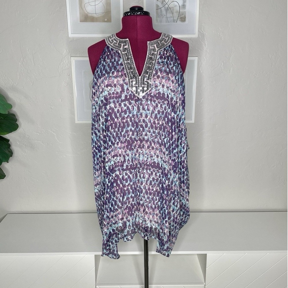 Free People Tunic Top‎ Womens Large Purple Sequin Halter Kaftan Boho OB303641